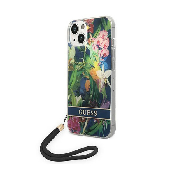 Etui Ze Smyczką Do iPhone 14 Guess Flower Cord Niebieski