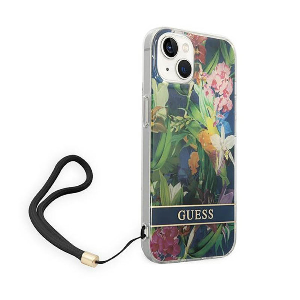 Etui Ze Smyczką Do iPhone 14 Guess Flower Cord Niebieski