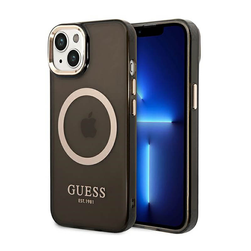 Etui Do iPhone 14 Guess Gold Outline Translucent MagSafe Czarny