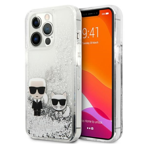 Etui Do iPhone 13 Pro Max Karl Lagerfeld Liquid Glitter Karl & Choupette Srebrny