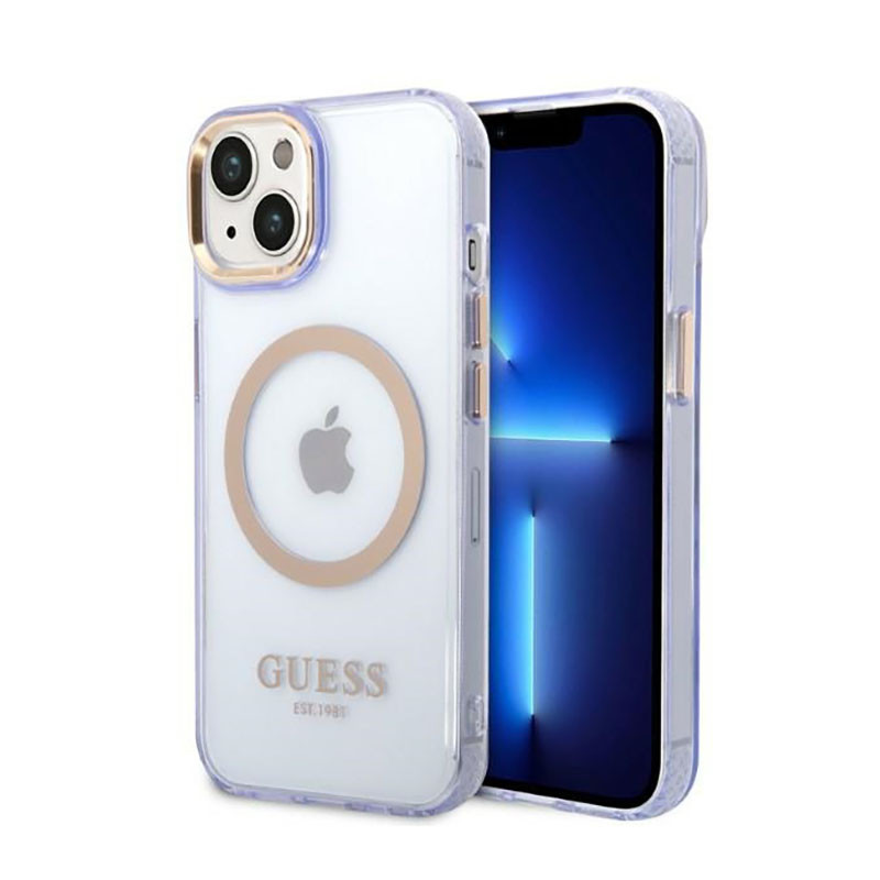 Etui Do iPhone 14 Guess Gold Outline Translucent MagSafe Fioletowy