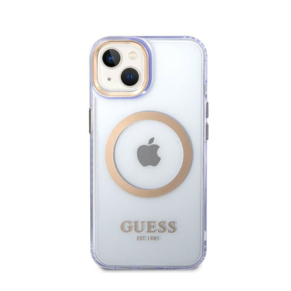 Etui Do iPhone 14 Guess Gold Outline Translucent MagSafe Fioletowy