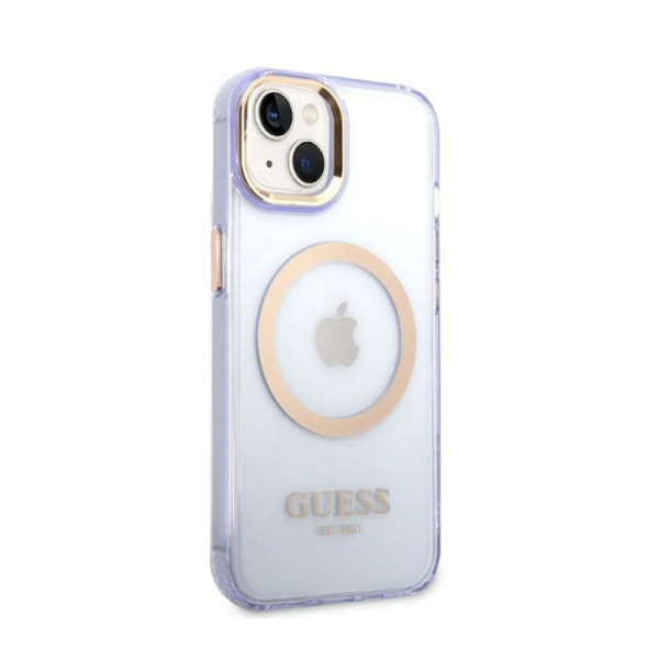 Etui Do iPhone 14 Guess Gold Outline Translucent MagSafe Fioletowy
