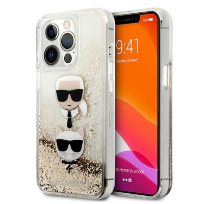 Etui Do iPhone 13 Pro Max Karl Lagerfeld Liquid Glitter Karl & Choupette Head Złoty