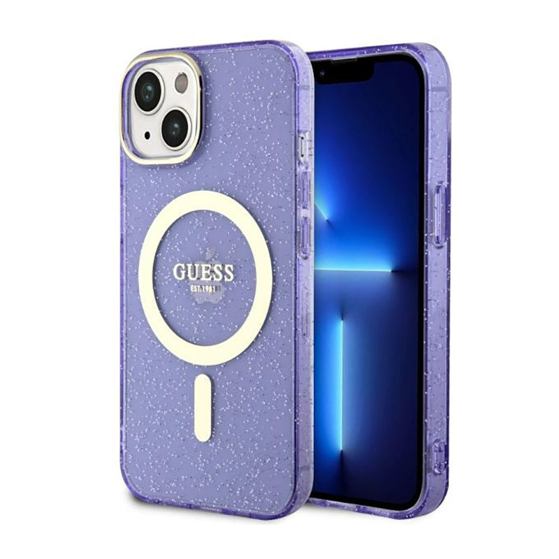 Etui Do iPhone 14 Guess Glitter Gold MagSafe Fioletowy