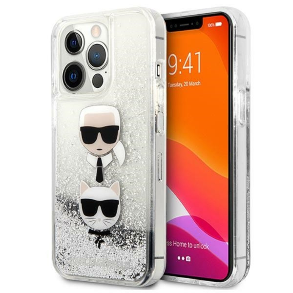 Etui Do iPhone 13 Pro Max Karl Lagerfeld Liquid Glitter Karl & Choupette Head Srebrny
