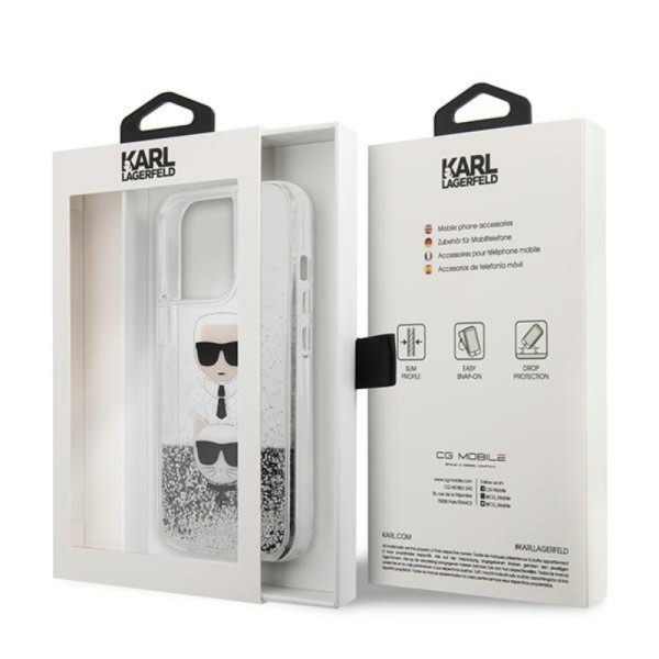 Etui Do iPhone 13 Pro Max Karl Lagerfeld Liquid Glitter Karl & Choupette Head Srebrny