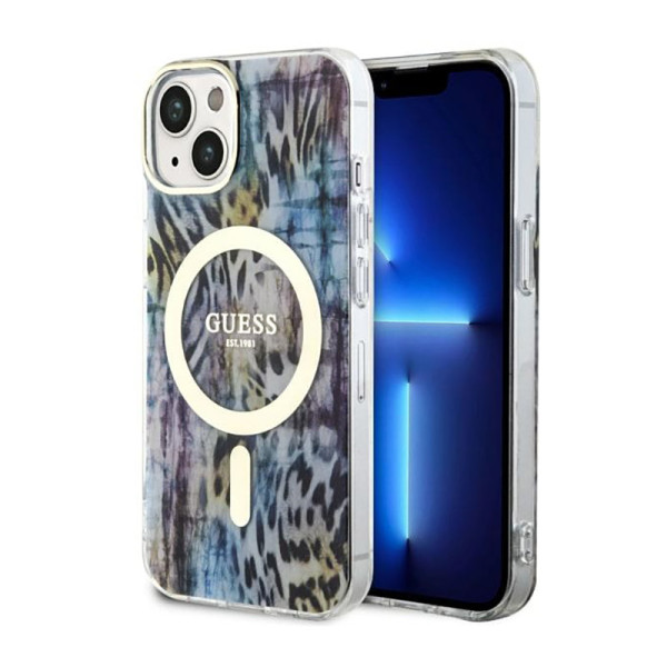 Etui Do iPhone 14 Guess Leopard MagSafe Niebieski