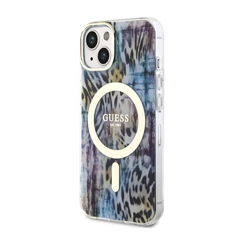 Etui Do iPhone 14 Guess Leopard MagSafe Niebieski