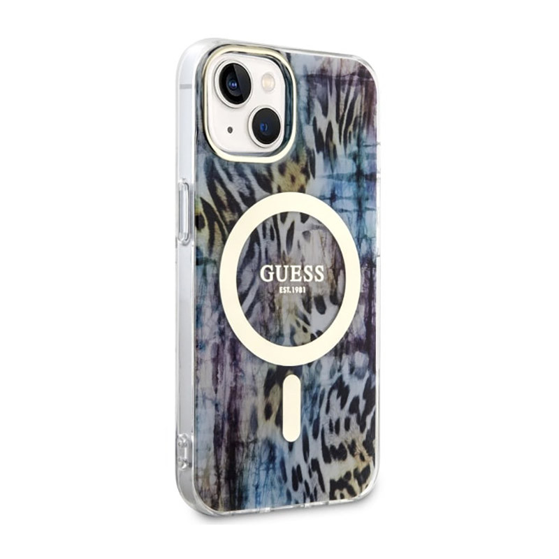 Etui Do iPhone 14 Guess Leopard MagSafe Niebieski