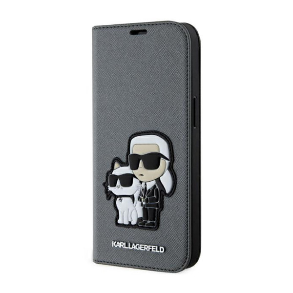 Etui Do iPhone 14 Karl Lagerfeld Booktype NFT Saffiano Karl & Choupette Srebrny