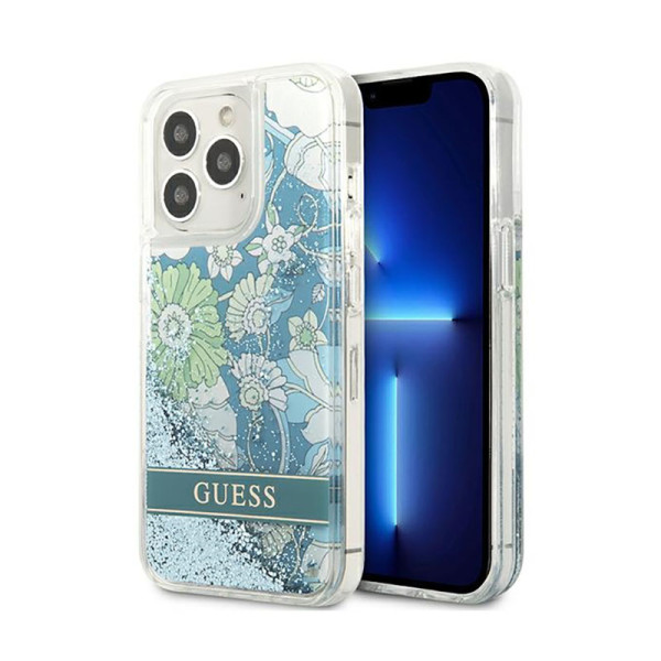 Etui Do iPhone 13 Pro Max Guess Liquid Glitter Flower Niebieski