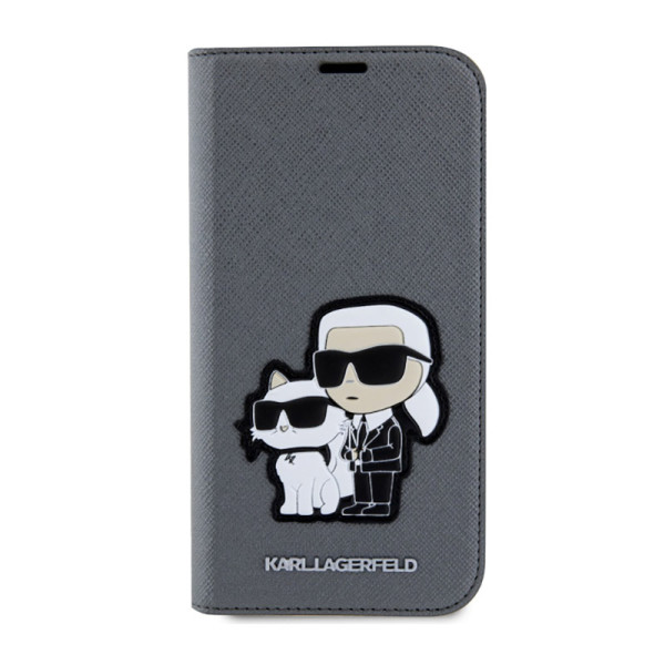 Etui Do iPhone 14 Karl Lagerfeld Booktype NFT Saffiano Karl & Choupette Srebrny