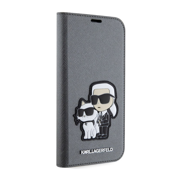 Etui Do iPhone 14 Karl Lagerfeld Booktype NFT Saffiano Karl & Choupette Srebrny