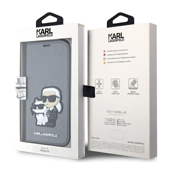 Etui Do iPhone 14 Karl Lagerfeld Booktype NFT Saffiano Karl & Choupette Srebrny