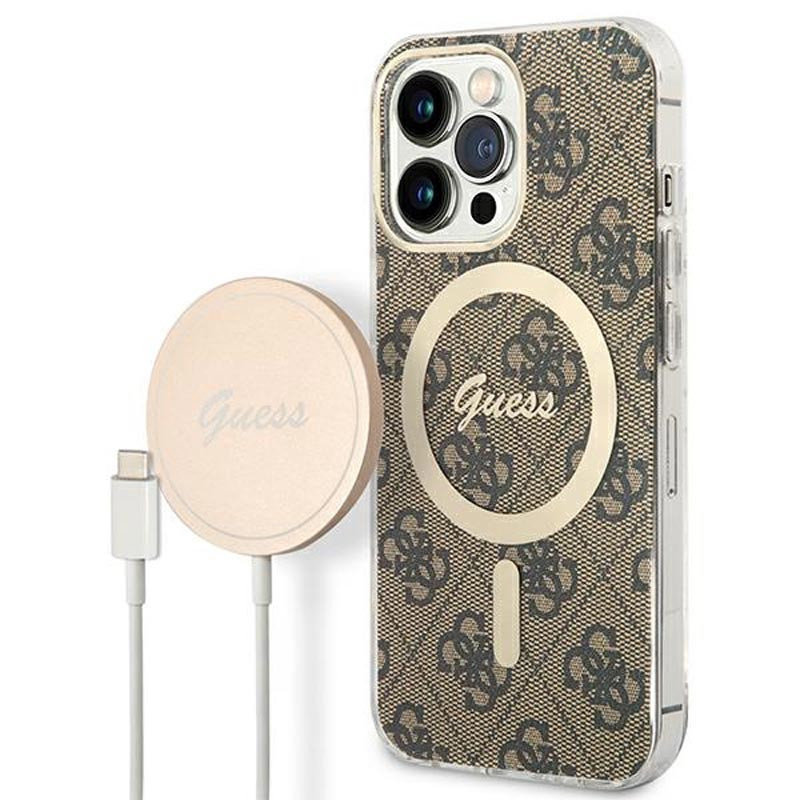 Zestaw Etui + Ładowarka MagSafe Do iPhone 13 Pro Max Guess Bundle Pack MagSafe 4G Brązowy