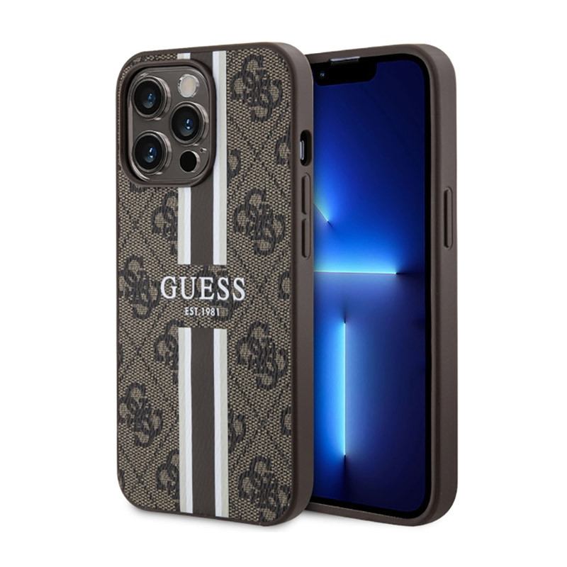 Etui Do iPhone 13 Pro Max Guess 4G Printed Stripes MagSafe Brązowy