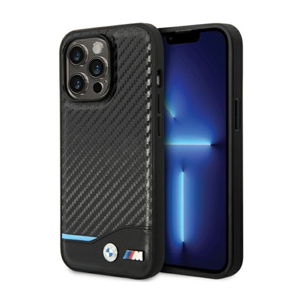 Etui Do iPhone 13 Pro Max BMW Leather Carbon Blue Line Czarny