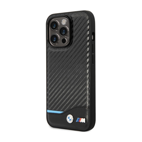 Etui Do iPhone 13 Pro Max BMW Leather Carbon Blue Line Czarny