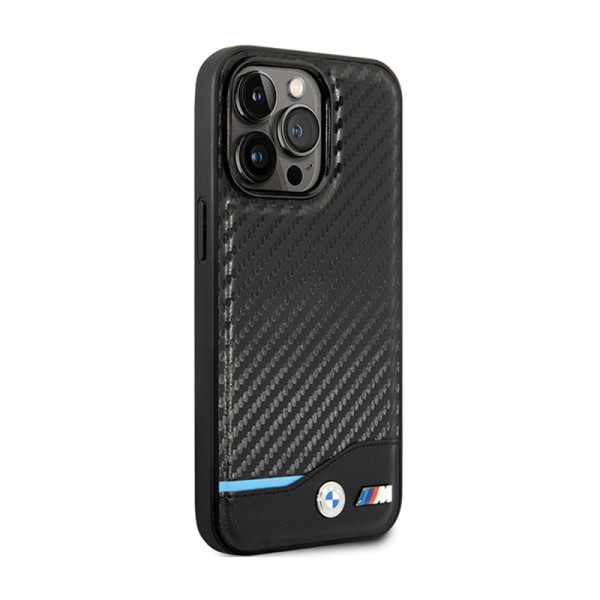 Etui Do iPhone 13 Pro Max BMW Leather Carbon Blue Line Czarny