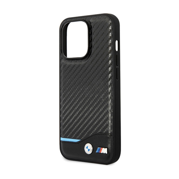 Etui Do iPhone 13 Pro Max BMW Leather Carbon Blue Line Czarny