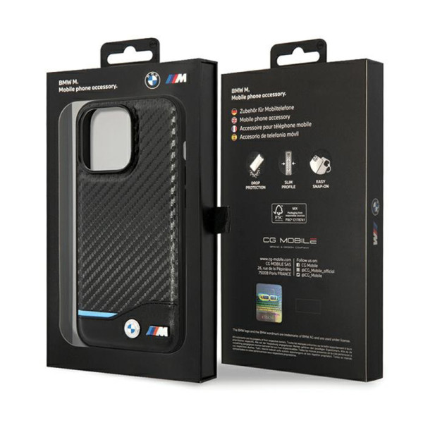 Etui Do iPhone 13 Pro Max BMW Leather Carbon Blue Line Czarny