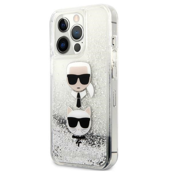 Etui Do iPhone 13 Pro Karl Lagerfeld Liquid Glitter Karl & Choupette Head Srebrny