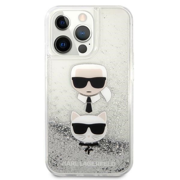 Etui Do iPhone 13 Pro Karl Lagerfeld Liquid Glitter Karl & Choupette Head Srebrny