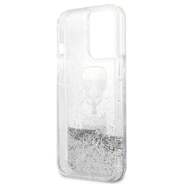 Etui Do iPhone 13 Pro Karl Lagerfeld Liquid Glitter Karl & Choupette Head Srebrny