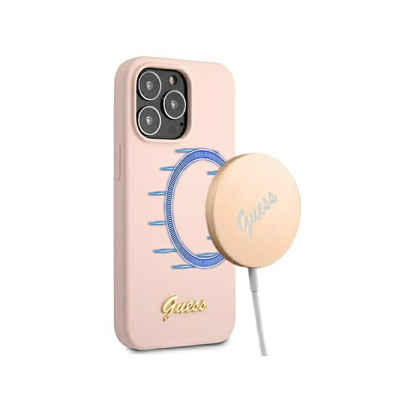 Etui Do iPhone 13 Pro Guess Silicone Script MagSafe Różowy