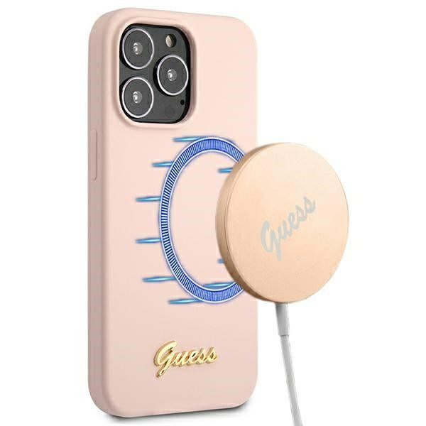 Etui Do iPhone 13 Pro Guess Silicone Script MagSafe Różowy