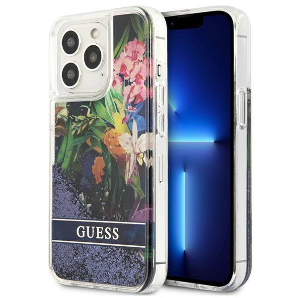 Etui Do iPhone 13 Pro Guess Liquid Glitter Flower Niebieski