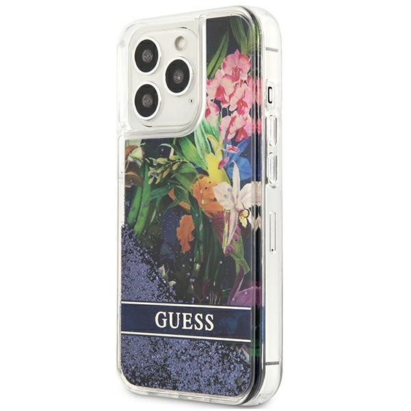 Etui Do iPhone 13 Pro Guess Liquid Glitter Flower Niebieski