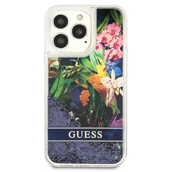 Etui Do iPhone 13 Pro Guess Liquid Glitter Flower Niebieski