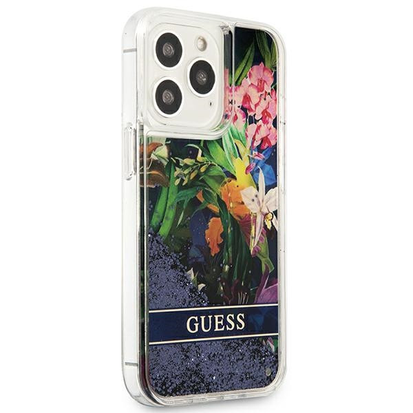 Etui Do iPhone 13 Pro Guess Liquid Glitter Flower Niebieski