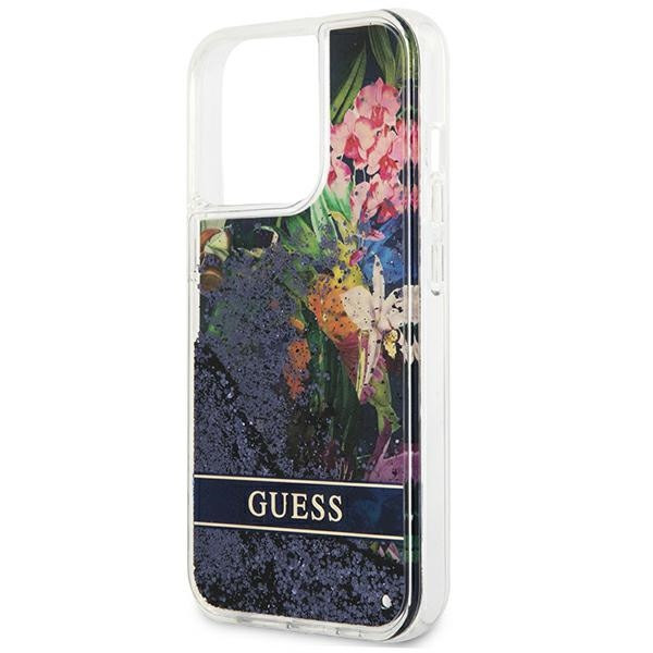 Etui Do iPhone 13 Pro Guess Liquid Glitter Flower Niebieski