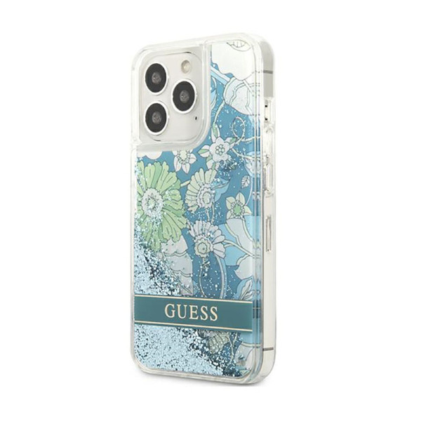 Etui Do iPhone 13 Pro Guess Liquid Glitter Flower Niebieski
