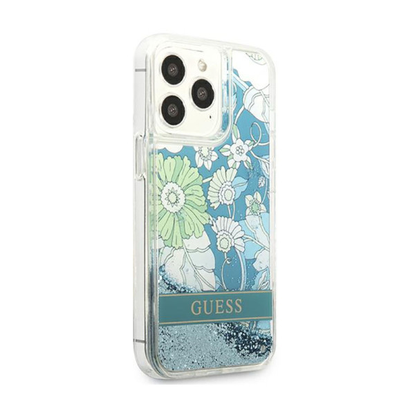 Etui Do iPhone 13 Pro Guess Liquid Glitter Flower Niebieski