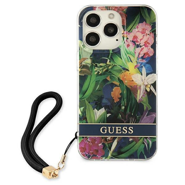 Etui Ze Smyczką Do iPhone 13 Pro Guess Flower Cord Niebieski