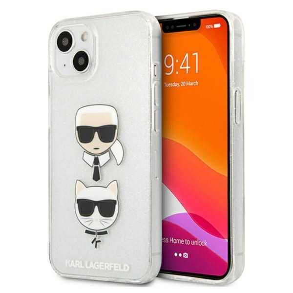 Etui Do iPhone 13 Mini Karl Lagerfeld Glitter Karl & Choupette Head Srebrny