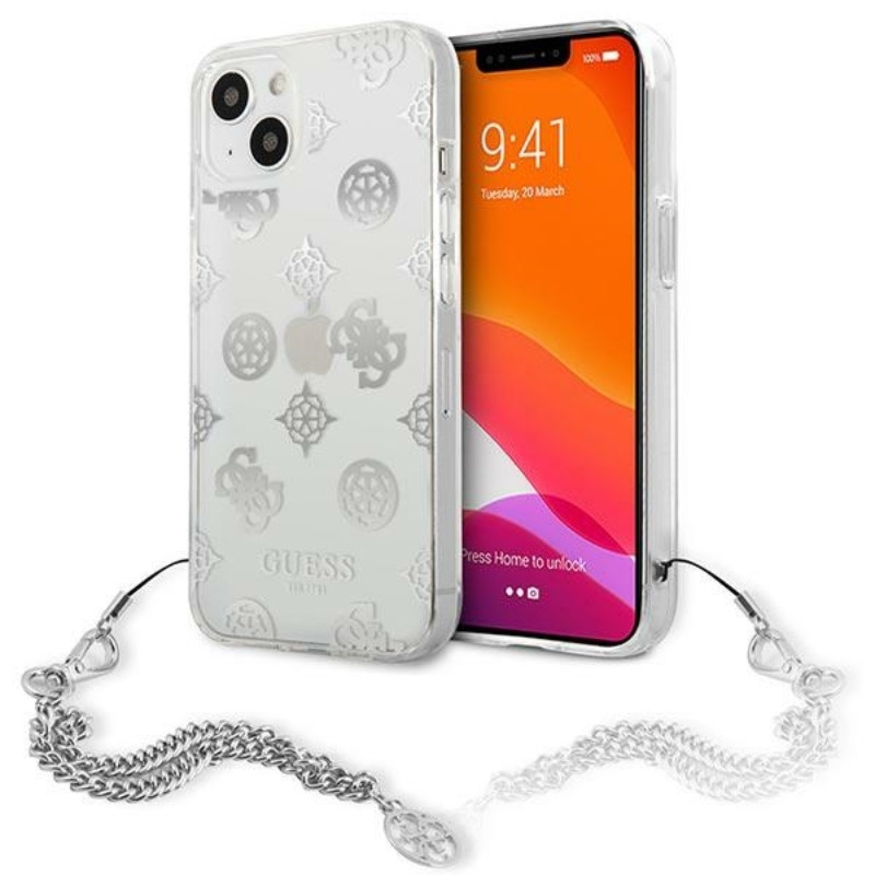 Etui Do iPhone 13 Mini Guess Peony Chain Handle Srebrny