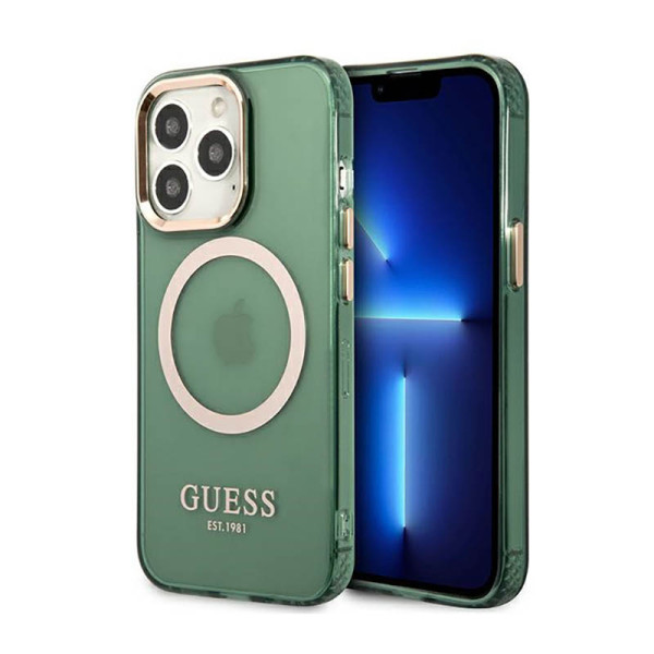 Etui Do iPhone 13 Pro Guess Gold Outline Translucent MagSafe Zielony