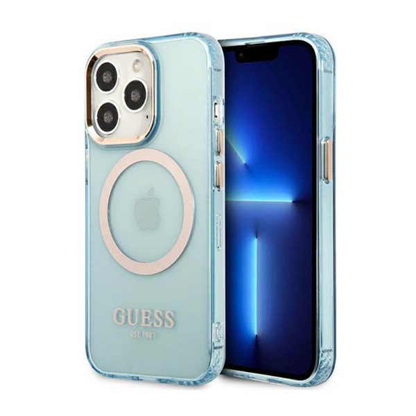 Etui Do iPhone 13 Pro Guess Gold Outline Translucent MagSafe Niebieski