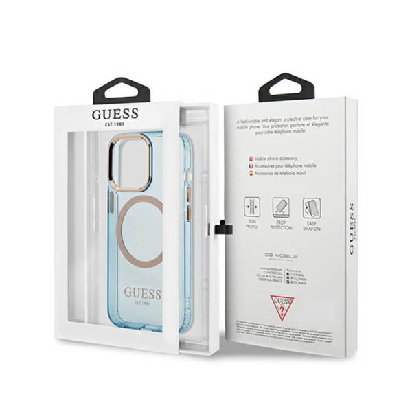 Etui Do iPhone 13 Pro Guess Gold Outline Translucent MagSafe Niebieski