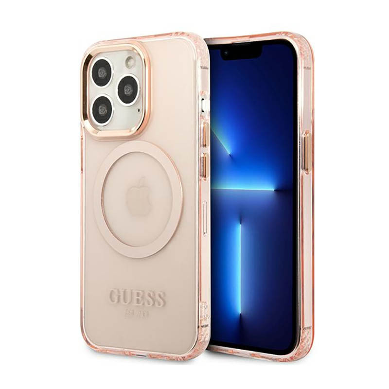 Etui Do iPhone 13 Pro Guess Gold Outline Translucent MagSafe Różowy