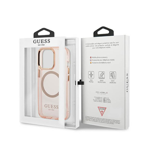 Etui Do iPhone 13 Pro Guess Gold Outline Translucent MagSafe Różowy