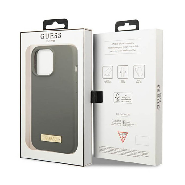 Etui Do iPhone 13 Pro Guess Silicone Logo Plate MagSafe Szary