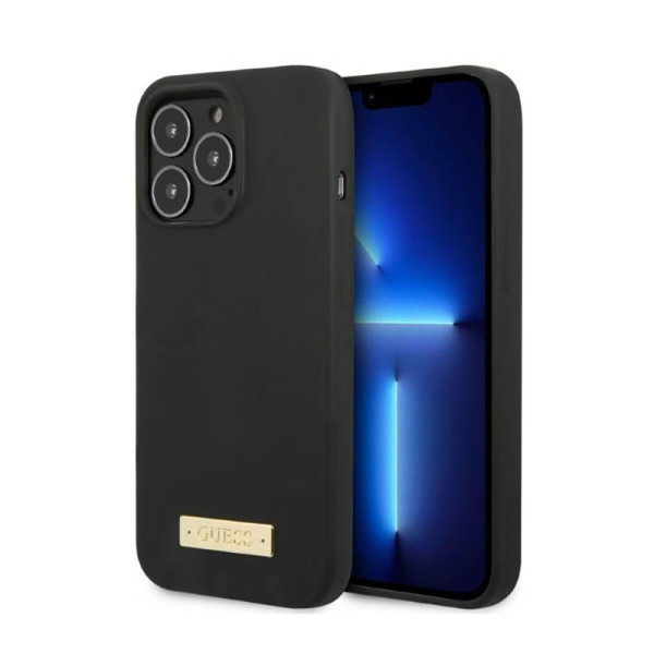 Etui Do iPhone 13 Pro Guess Silicone Logo Plate MagSafe Czarny