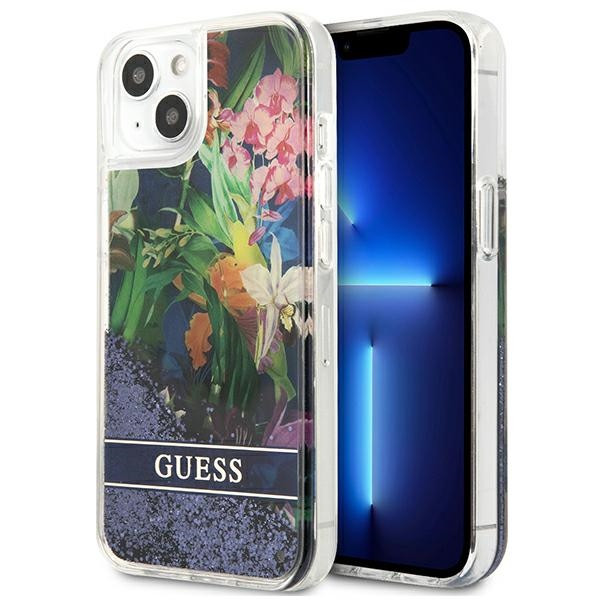 Etui Do iPhone 13 Mini Guess Liquid Glitter Flower Niebieski