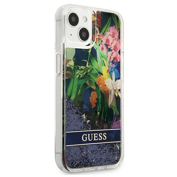 Etui Do iPhone 13 Mini Guess Liquid Glitter Flower Niebieski